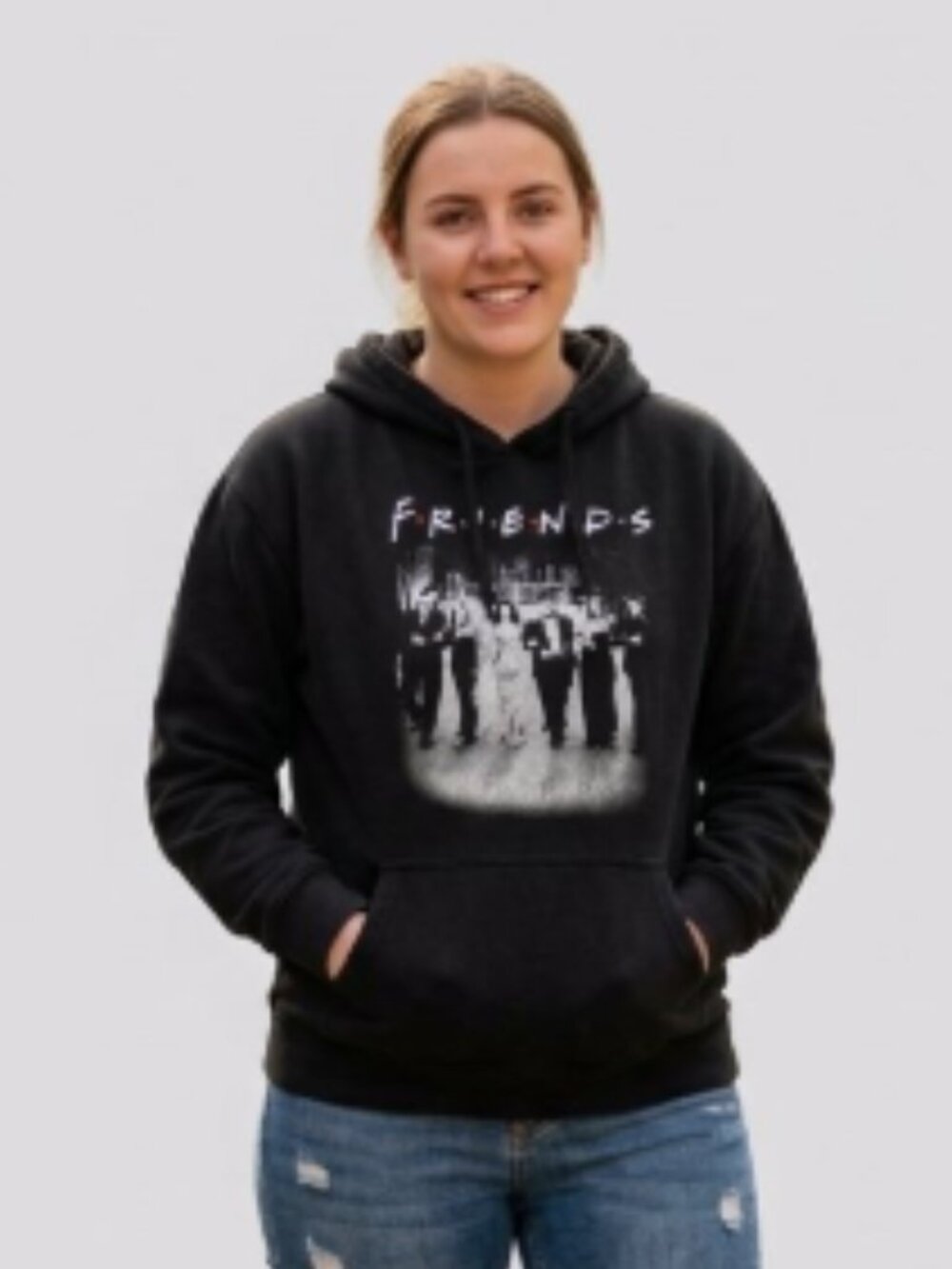 Medium Friends TV show pullover hoodie featuring a monochrome cast photo